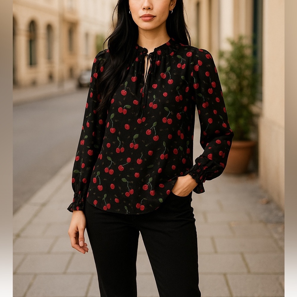 Joie Black Blouse with Cherry Print